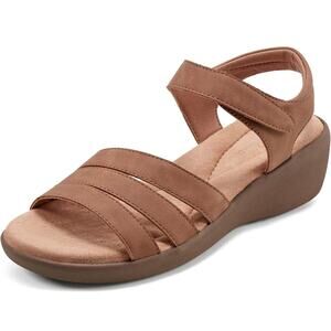 Easy Spirit Women Kenton3 Ankle Strap Wedge Sandals Size 7M Brown Faux Leather